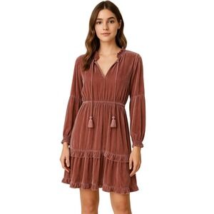 Simply Southern Velvet Tiered Ruffle Smocked Neck Dress Rose Quartz L